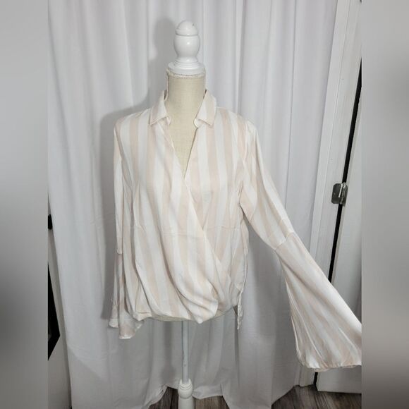HYFVE striped wrap blouse Sz M Tan - Picture 2 of 13